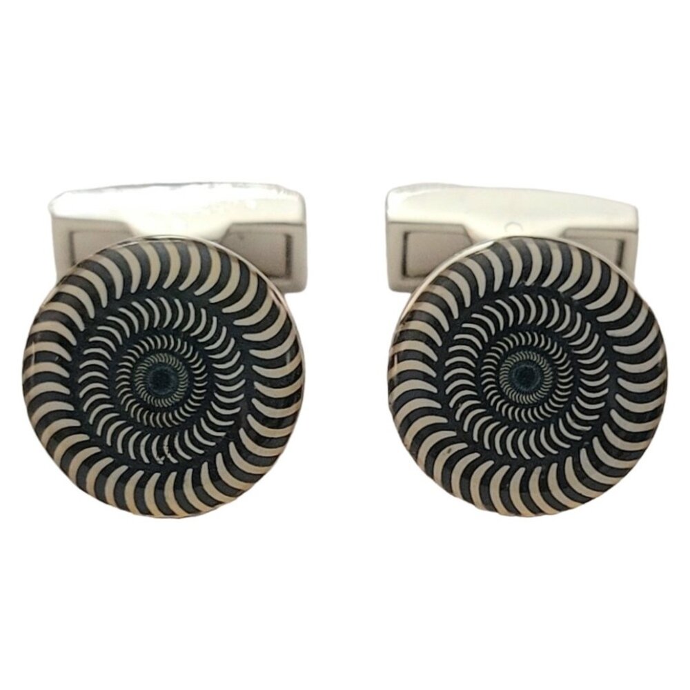 Bugatchi Black White Stripe Spiral Round Cufflinks, Signed K270